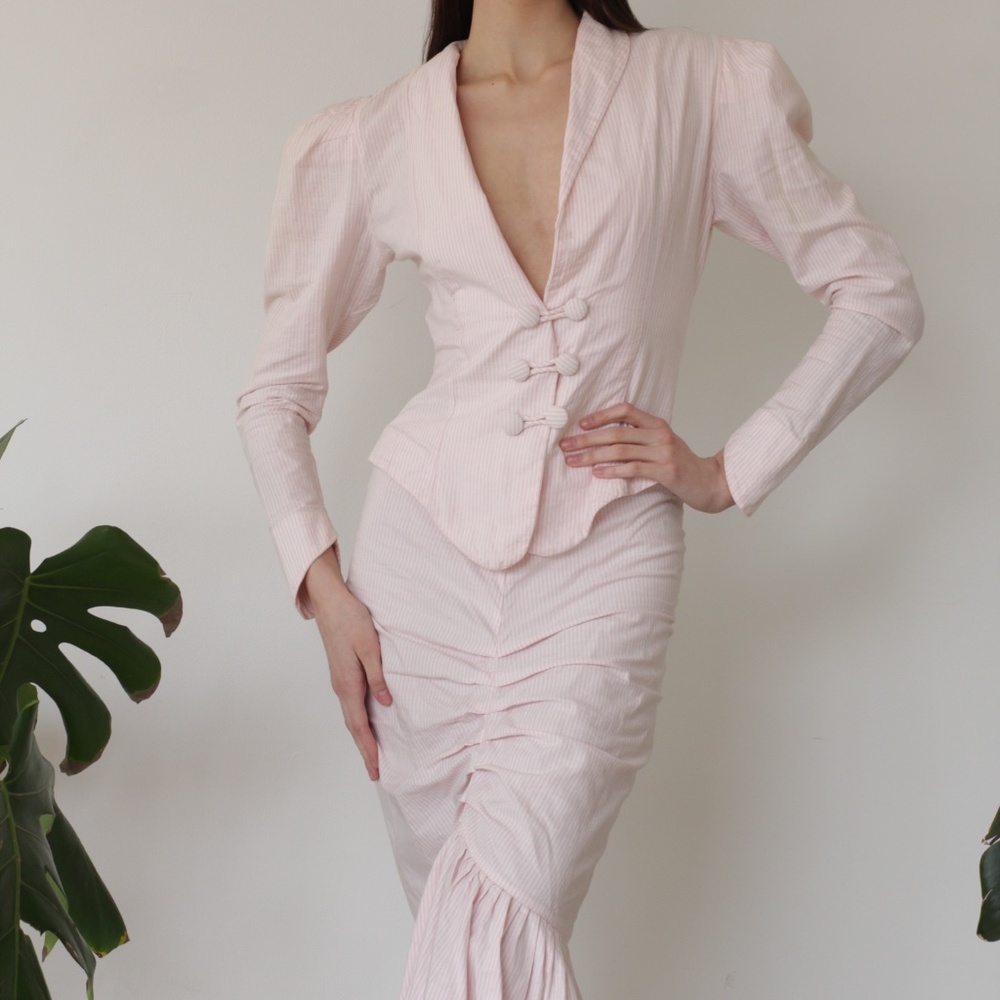 1980s Barbie Pink and White Striped Norma Kamali Suit Puff Sleeves Mermaid Skirt